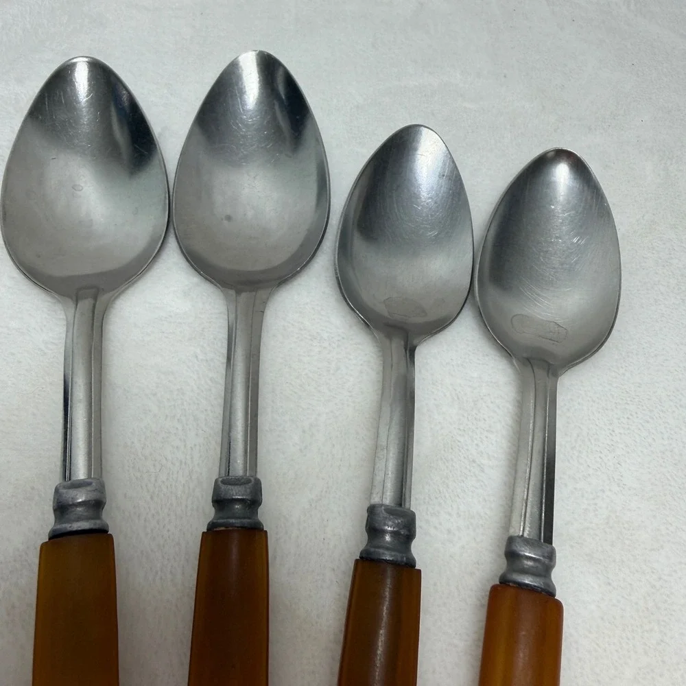 VTG Butterscotch Bakelite Handle Spoons Stainless Steel Set of 4 Mixed Sizes SEE